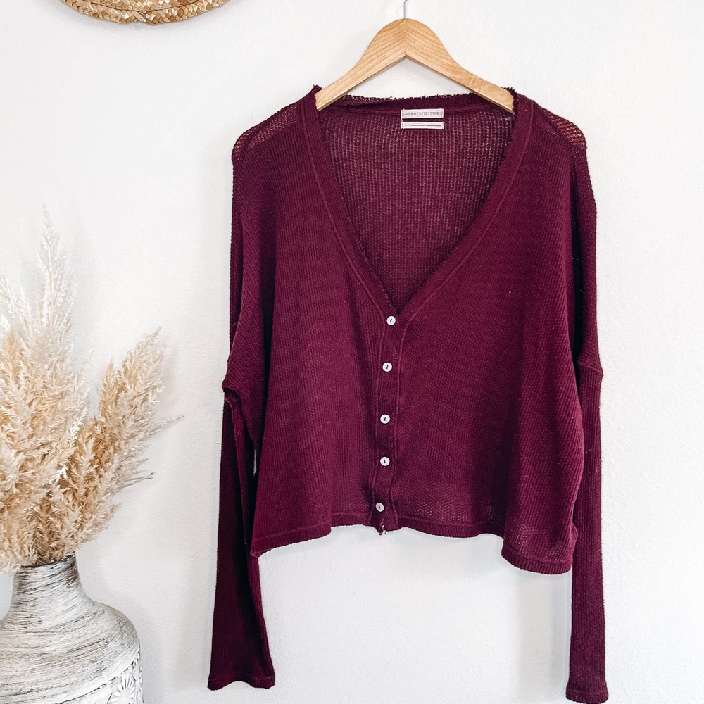 Urban Outfitters UO Courtney Button Down Oversized Waffle Knit Sweater Burgundy